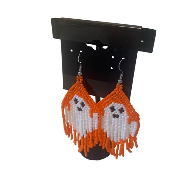 Adorable Seed Bead Ghost Drop Earrings in Orange & White. - Picture 3 of 5